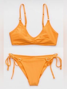 NWT Aerie FULL SET Beach Babe Shine Rib Voop Top + Tie Bottoms Orange - Size M
